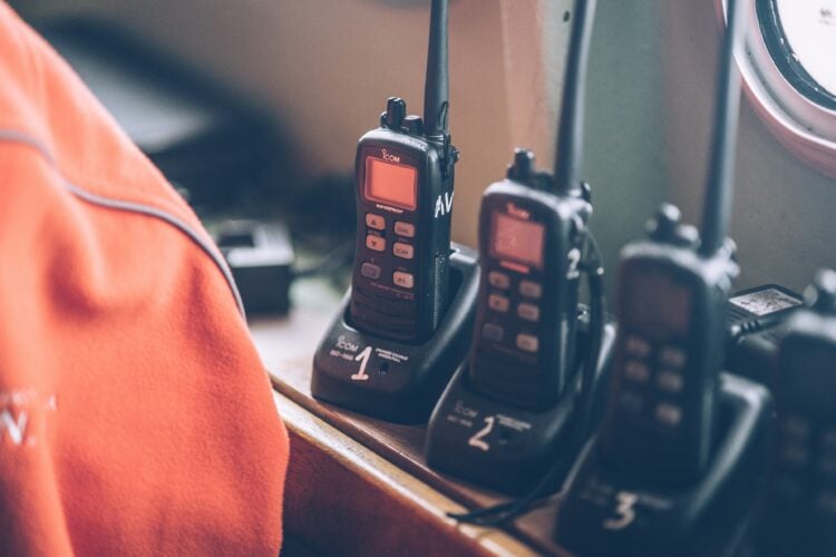 Close-up shot of Walkie-Talkies in a charging cradle