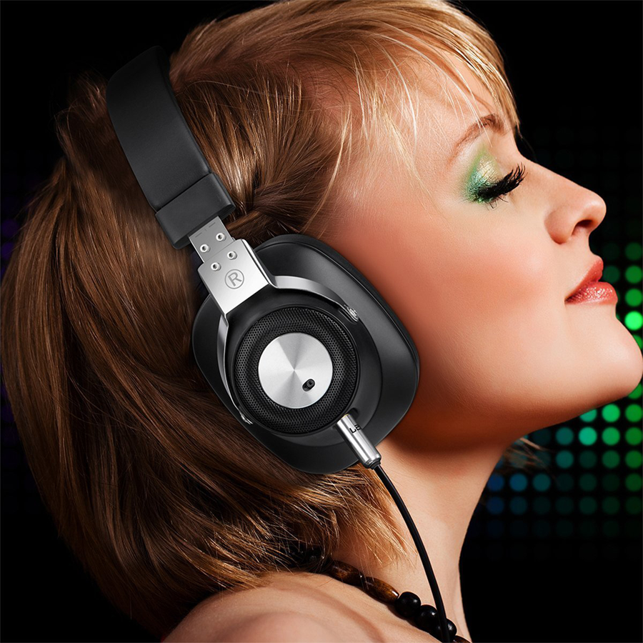 Pretty young lady wearing Project Telecom Professional Binaural Active Noise Cancelling Wireless Bluetooth Heads