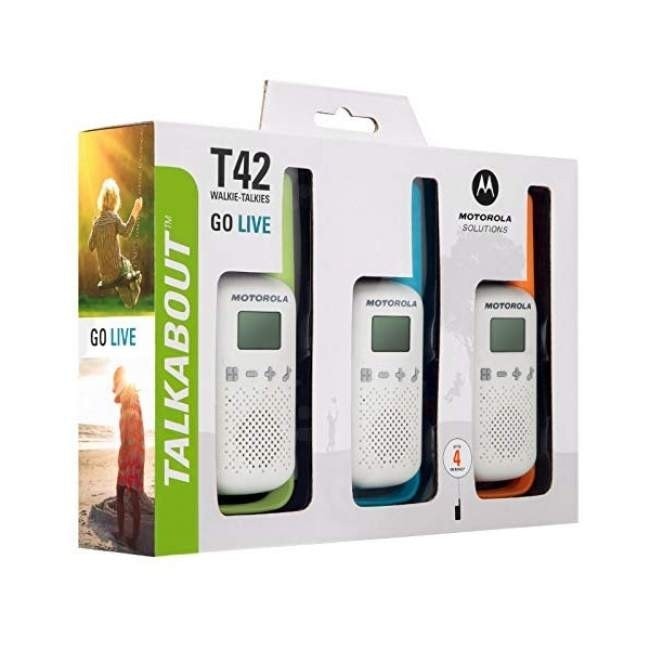 Boxed triple pack of Motorola TALKABOUT T42 Walkie Talkies – Triple Pack, Green/Blue/Orange