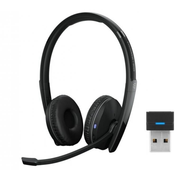 EPOS Sennheiser Adapt 260 Bluetooth headset in black with microsoft teams button visible and a USB Bluettoth dongle also shown in the picture.
