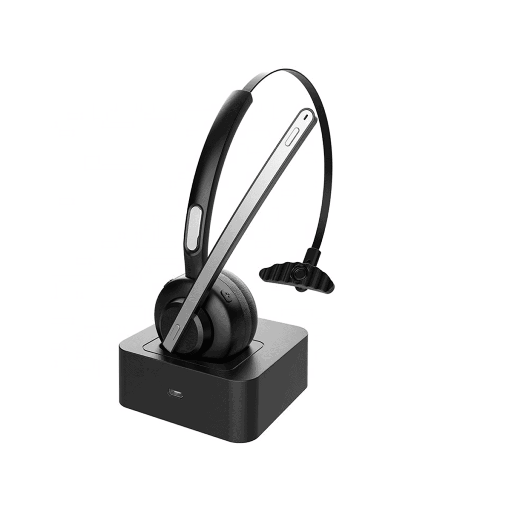 Project Telecom Advanced D Monaural Noise Cancelling Wireless Bluetooth Headset with black earpiece and silver headband and microphoen boom arm. The headset is sitting on it's charging base unit.