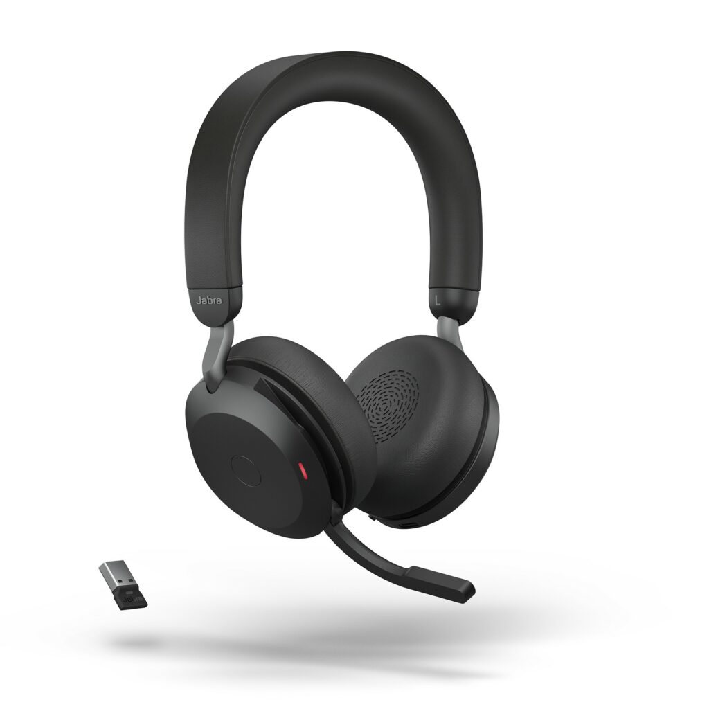 Jabra Evolve2 75 black headset showing Bluetooth Dongle.