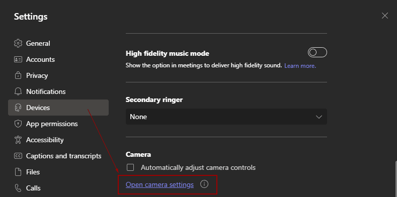 Microsoft Teams Device settings menu, showing device settings and open camera settings to get to the zoom, or field of view setting.