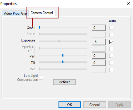 Camera control menu within microsoft teams, showing the camera control tab with the zoom slider underneath to adjust the Webcam Field of View.